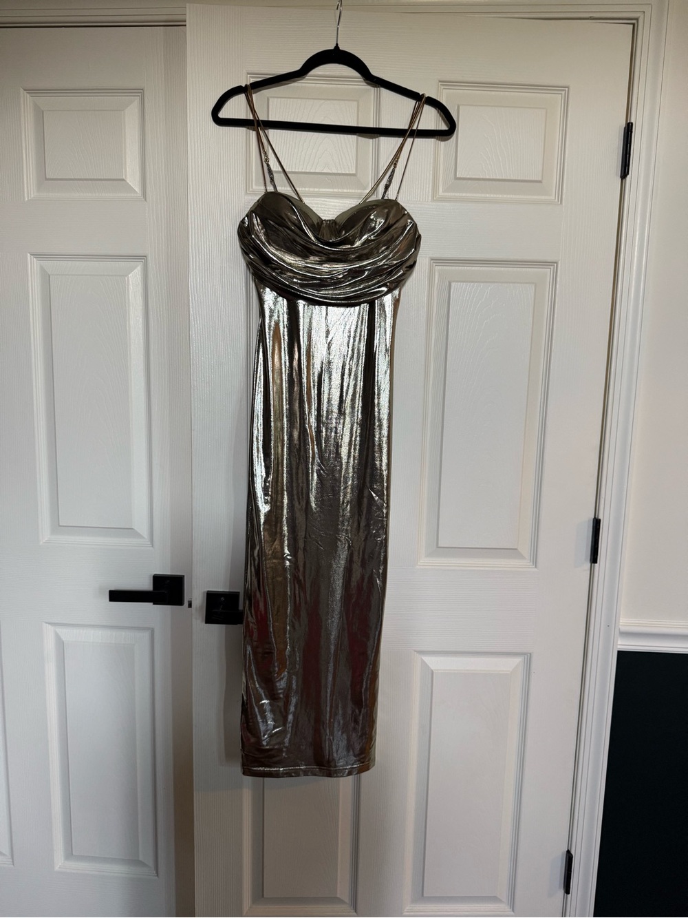JLUXLABEL Metallic Silver Cowl Neck Midi Dress